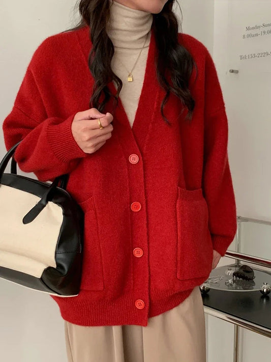 Oversized Preppy V-Neck Knitted Knit Cardigan