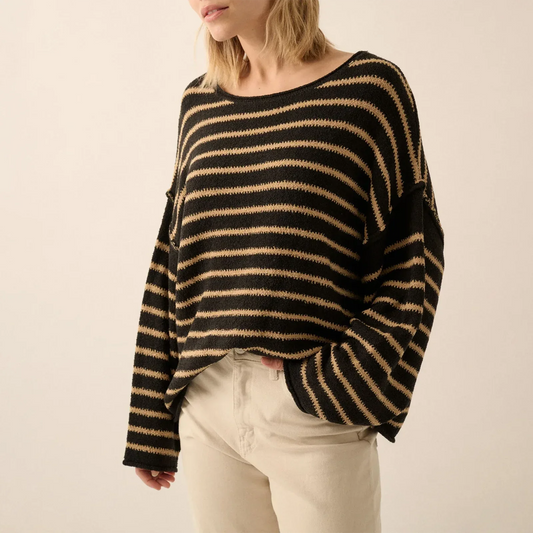 Oversized Striped V-Neck Color Block Knit Sweater Knit Top