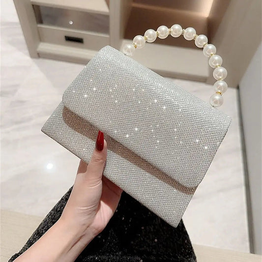 Silk Evening Clutch Gold Pearl Chain Bag