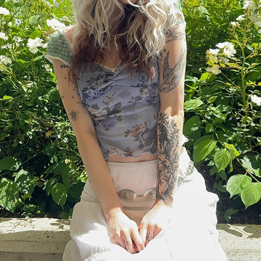 Mesh Floral Square Crop Top