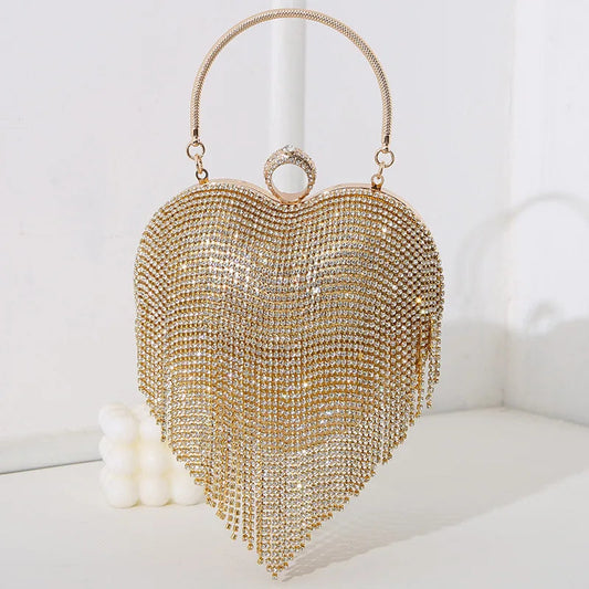 Rhinestone Heart Pattern Silver Evening Clutch Wedding Bridal Purse