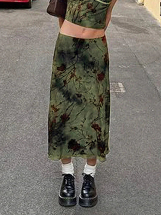 Fairycore Grunge Floral Printed Midi Skirt Y2K Vintage Skirt