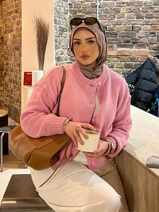 Solid Color Round Neck Cardigan