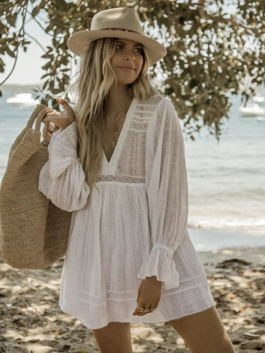 Spliced Lace V-Neck Long Sleeve Cover Up