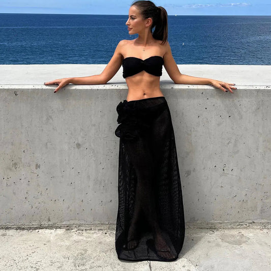 Lace Solid Strappy Skirt Three Piece Swimsuit