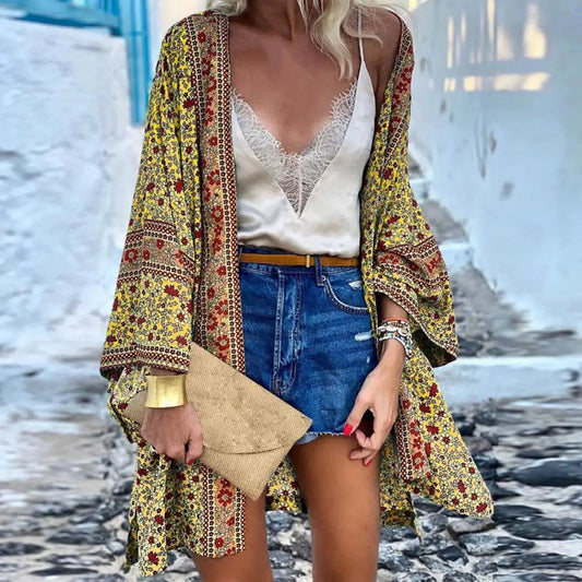 Long Sleeve Bohemian Floral Beach Cover Up
