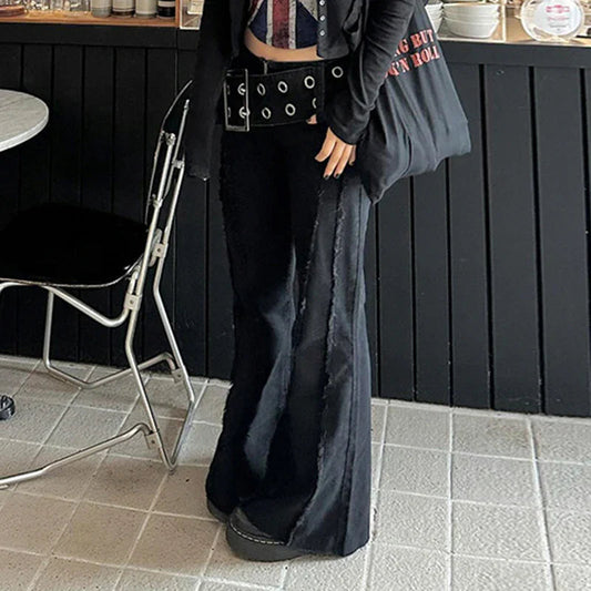 Rebellioshop Dark Wide Belt Denim Pant