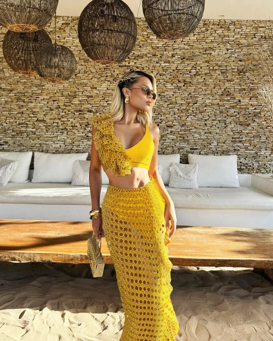 Ruffle V-neck Mesh Three Piece Swimsuit