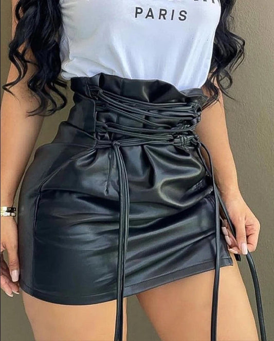 Lace-up PU Leather Mini Skirt