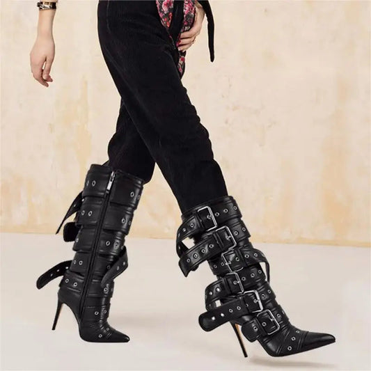 Sharp Toe Mid-Calf Clasp Stiletto Boot