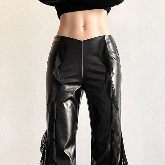 Tall Waist Gothic False PU Mesh Pant