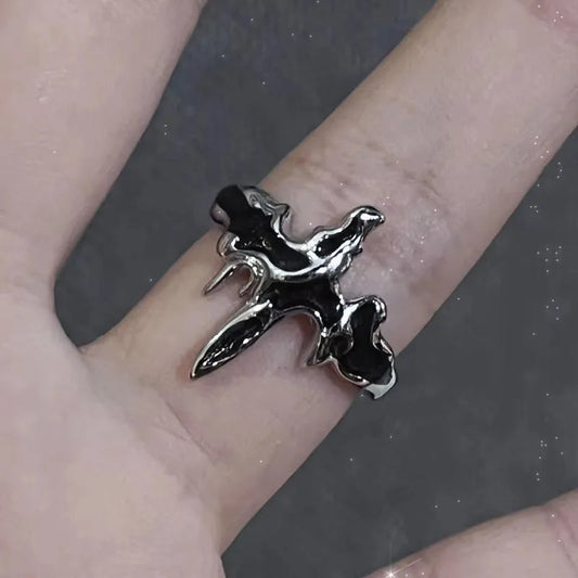 Dark Black Cross Star Ring