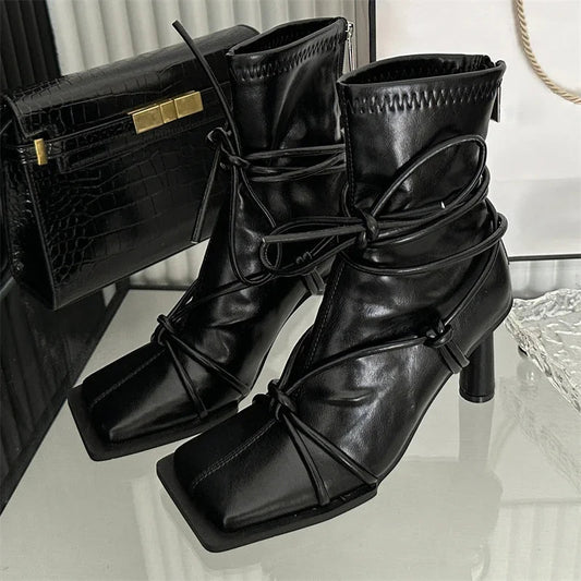 Cross-Band Square Toe Rebel Ankle Boot