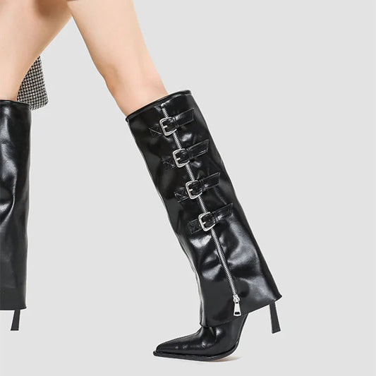 Catwalk Punk Glossy Faux Leather Alloy Clasp Tall Boot
Gothic Shiny Leather Metal Buckle Knee-High Boot