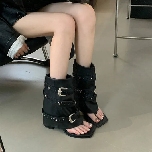 Dark Wedge Ankle Boot with Metal Clasp