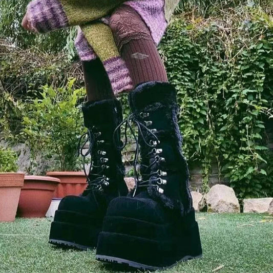 White Hairy Tall Platform Chunky Heel Gothic Winter Boot