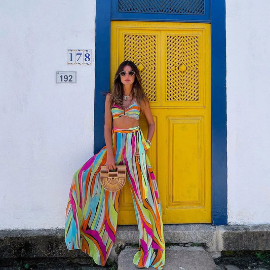 Bandage Bikini Set with Printed Pants Three Piece Swimsuit