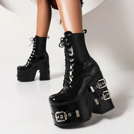 Metal Clasp Broad Heel Gothic Ankle Boot