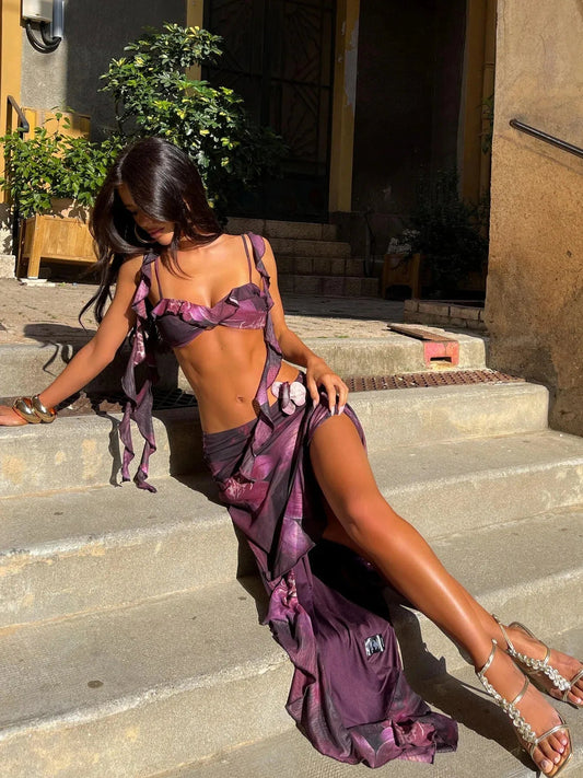 Ruffles Flower Print Three Piece Swimsuit