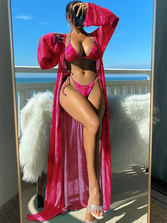 Triangle String Bikini Set with Kimono Three Piece Swimsuit