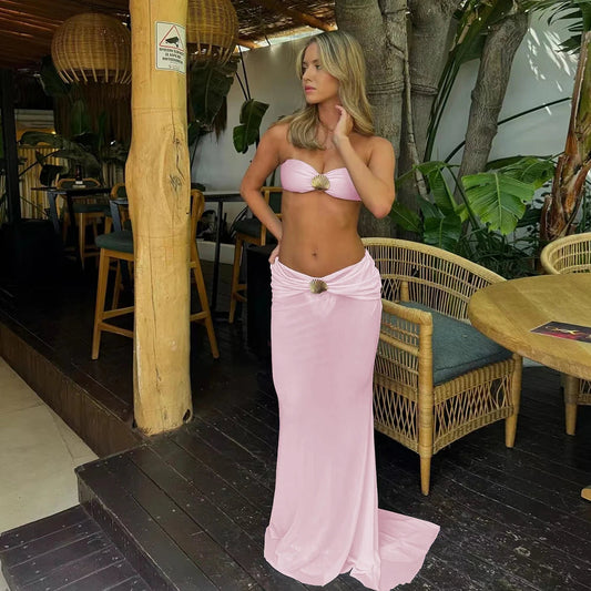 Shiny Print Skirt Three Piece Swimsuit