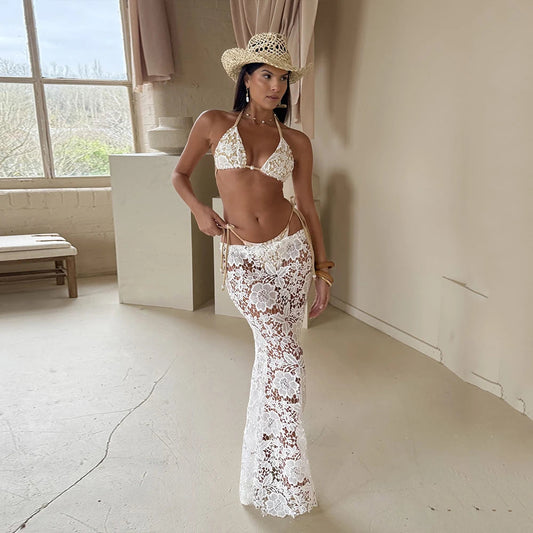 White Lace Sarong Three Piece Swimsuit