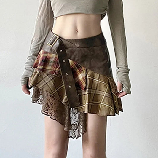 Asymmetrical Lace Stripes Plaid Skirt