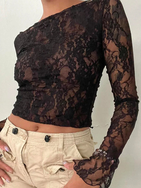 Flower Lace Long Sleeve Y2K Crop Top