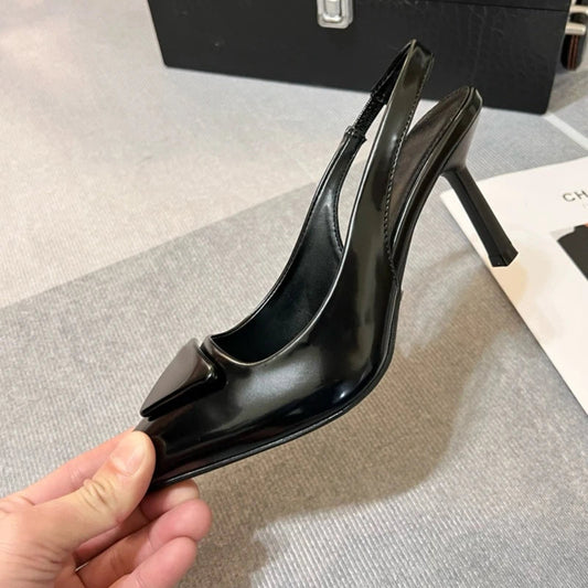 Shiny Leather Gothic Slingback Pointed Toe Tall Heel