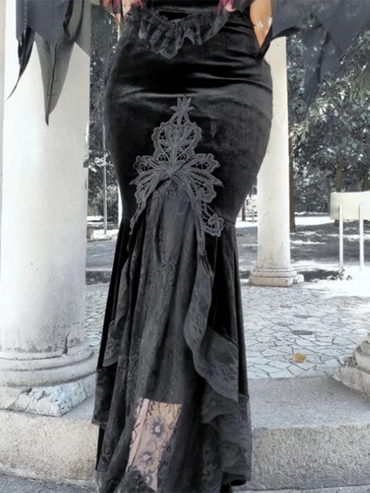 Velvet Lace Patchwork Trumpet Skirt