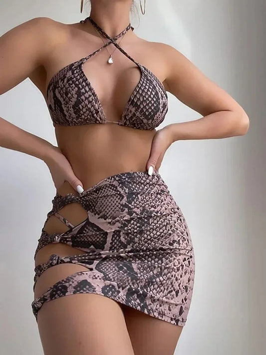 Snake Skin Printed Bikini Three Piece Swimsuit