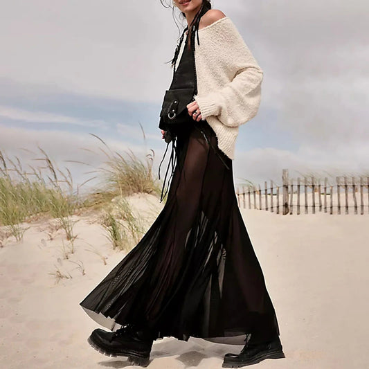 Mesh Transparent Frill Midi Skirt