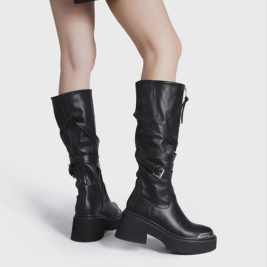 Zipper Dark Knee-High Motorcycle Wedge Boot