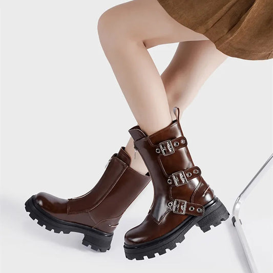 Rivet Strap Clunky Heeled Dark Motorcycle Boot