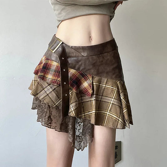 Asymmetrical Lace Stripes Plaid Skirt