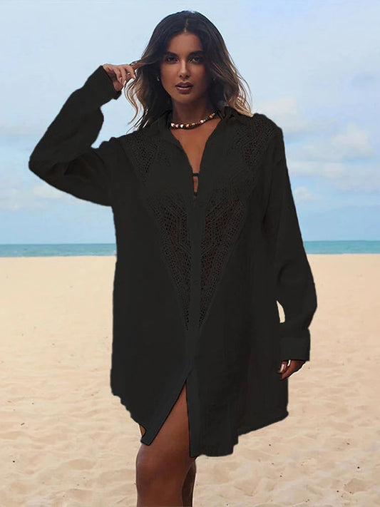 Spliced Lace Turn-Down Collar Cover Up