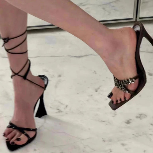 Sparkling Gothic Cross Peep-Toe Sandals Stiletto Tall Heel