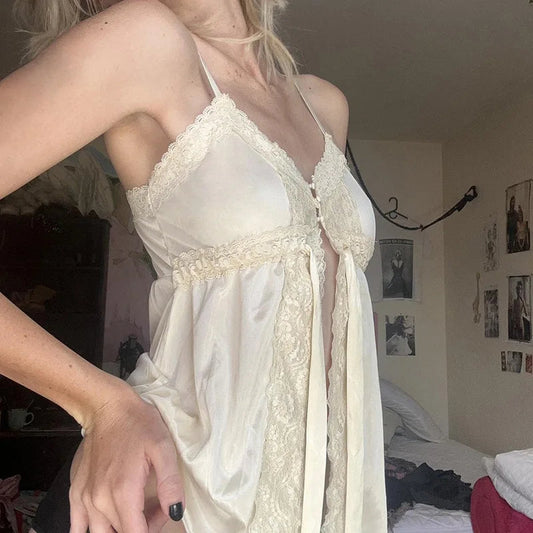 Satin Lace Patchwork Fairycore Front Tie-Up Button Coquette Sleeveless Crop Top