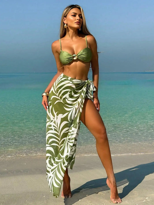 Vintage Bikini with Mesh Skirt Three Piece Swimsuit