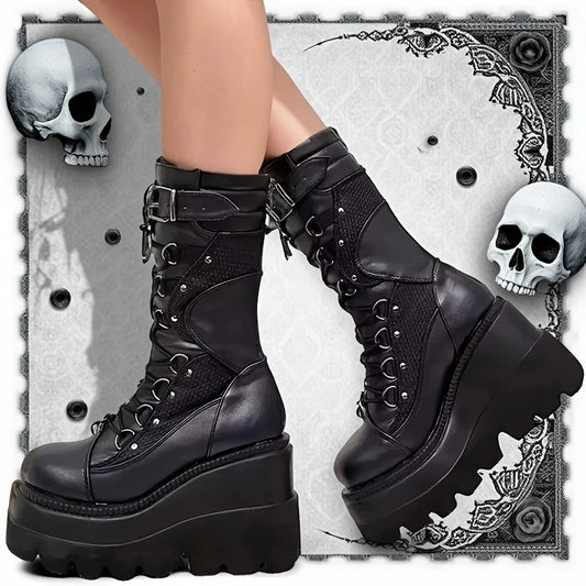 New Dark Platform Rivet Punk Wedge Boot