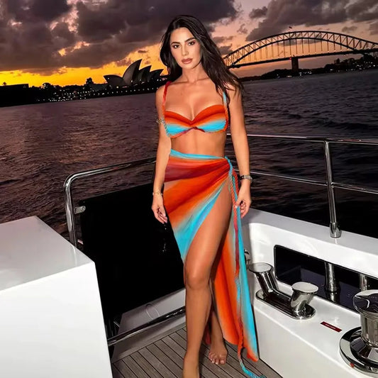 Gradient Bikini Set with Long Skirt Three Piece Swimsuit