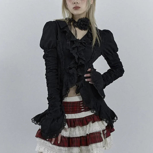 Dark Black Lace Flare Sleeve Shirt