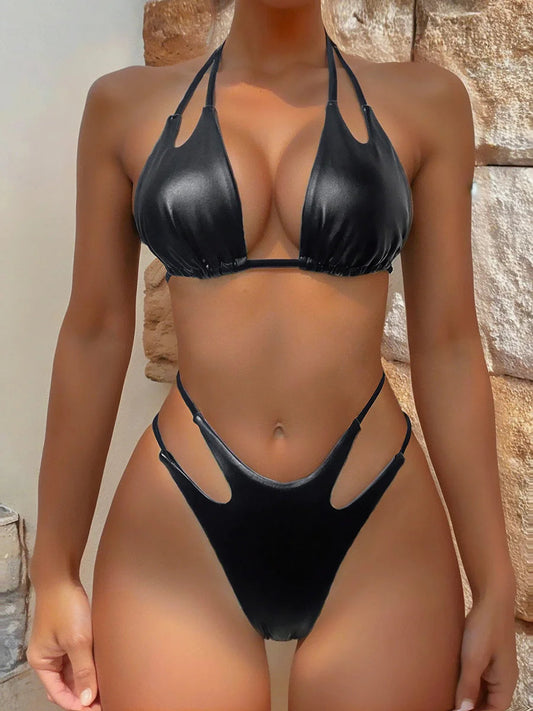 Shiny Halter High Cut Bikini Set