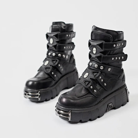 Weighty Metal Platform Motorcycle Dark Boot