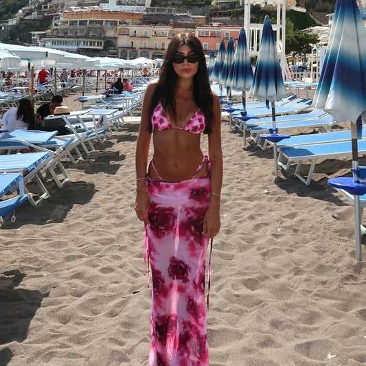 Rose Red Micro Skirt Three Piece Swimsuit