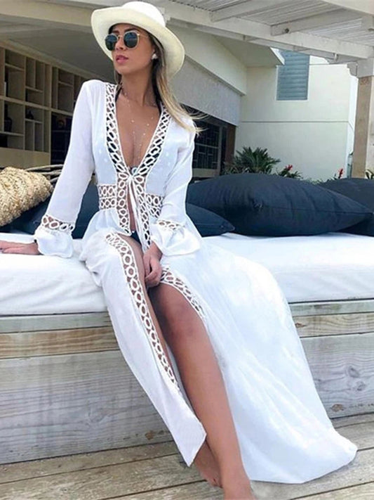 Deep V-Neck Hollow Out Bikini Cover Up