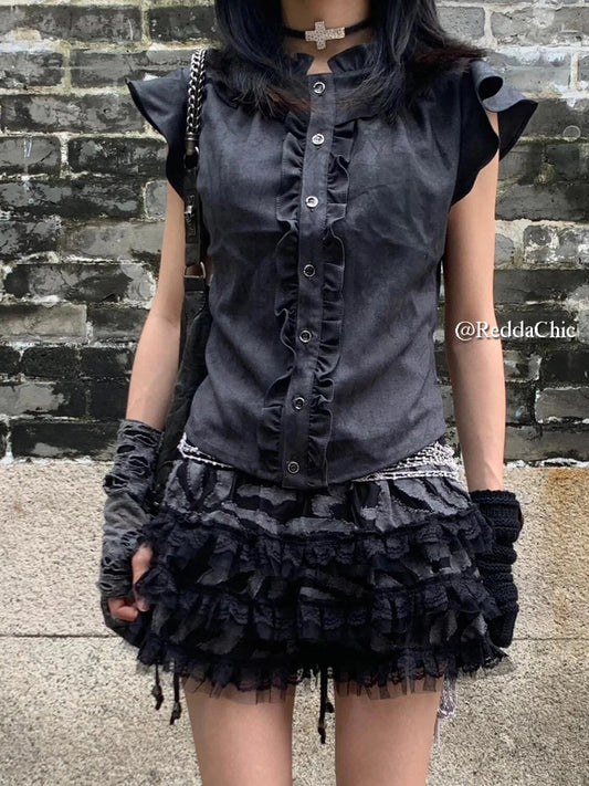 Lace Trim Puffy Ruffle Skirt