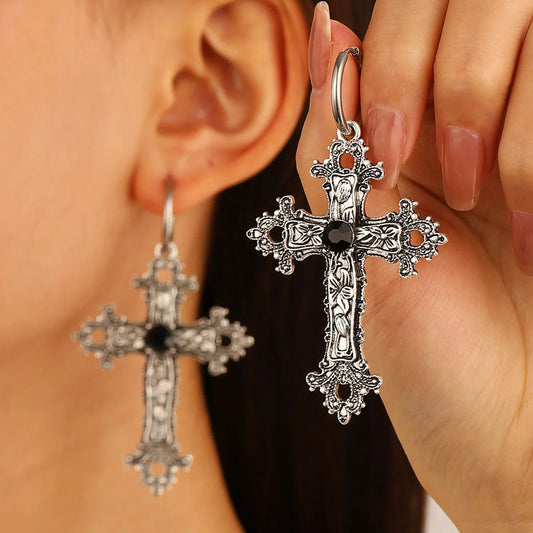 Dark Big Silver Cross Marriage Dangle Earring