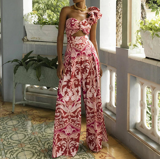 One Shoulder Print Pants Two Piece Set