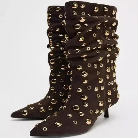 Attractive Rivet Pleated Tall Heel Pointed Gothic Boot